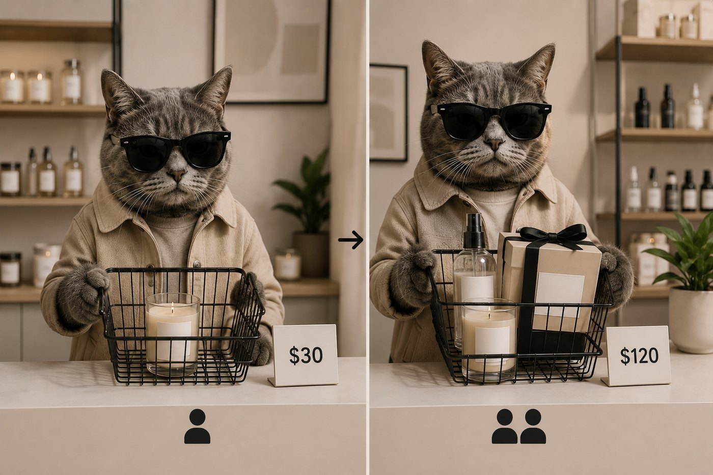 Two shoppers at the same counter: one basket holds a $30 candle, the other holds a candle, a room spray and a gift set totalling $120.
