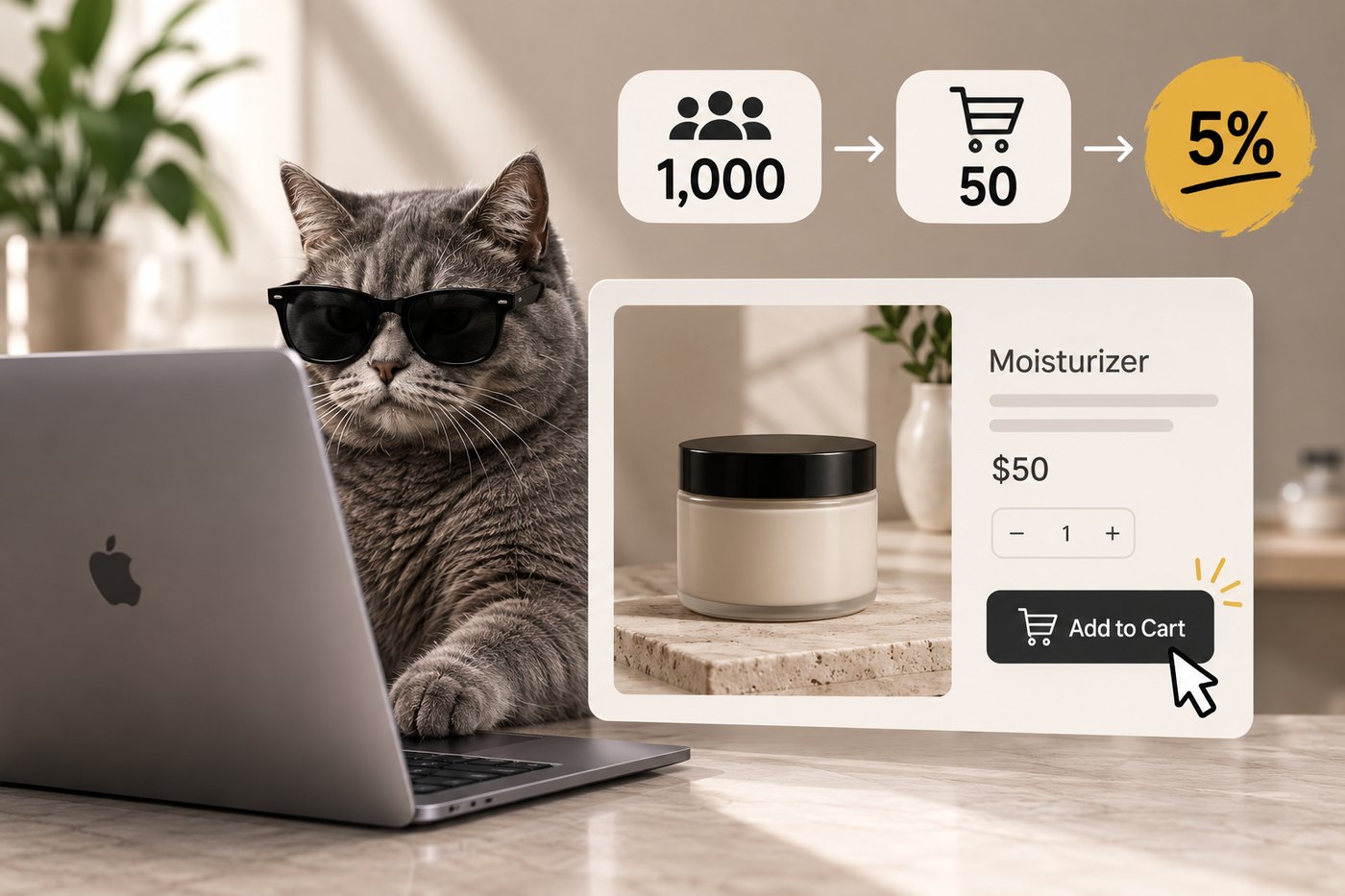 1,000 people visit the moisturizer page and 50 add it to their cart — a 5% add-to-cart rate.