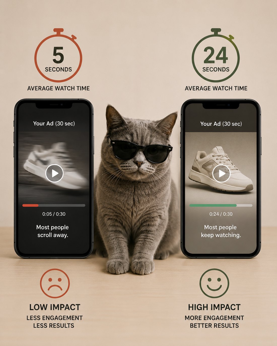 The same 30-second ad watched for an average of 5 seconds on one side and 24 seconds on the other.