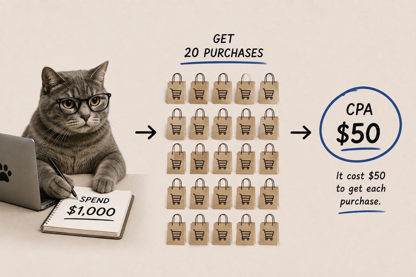 Spend $1,000, get 20 purchases — a $50 cost per acquisition.