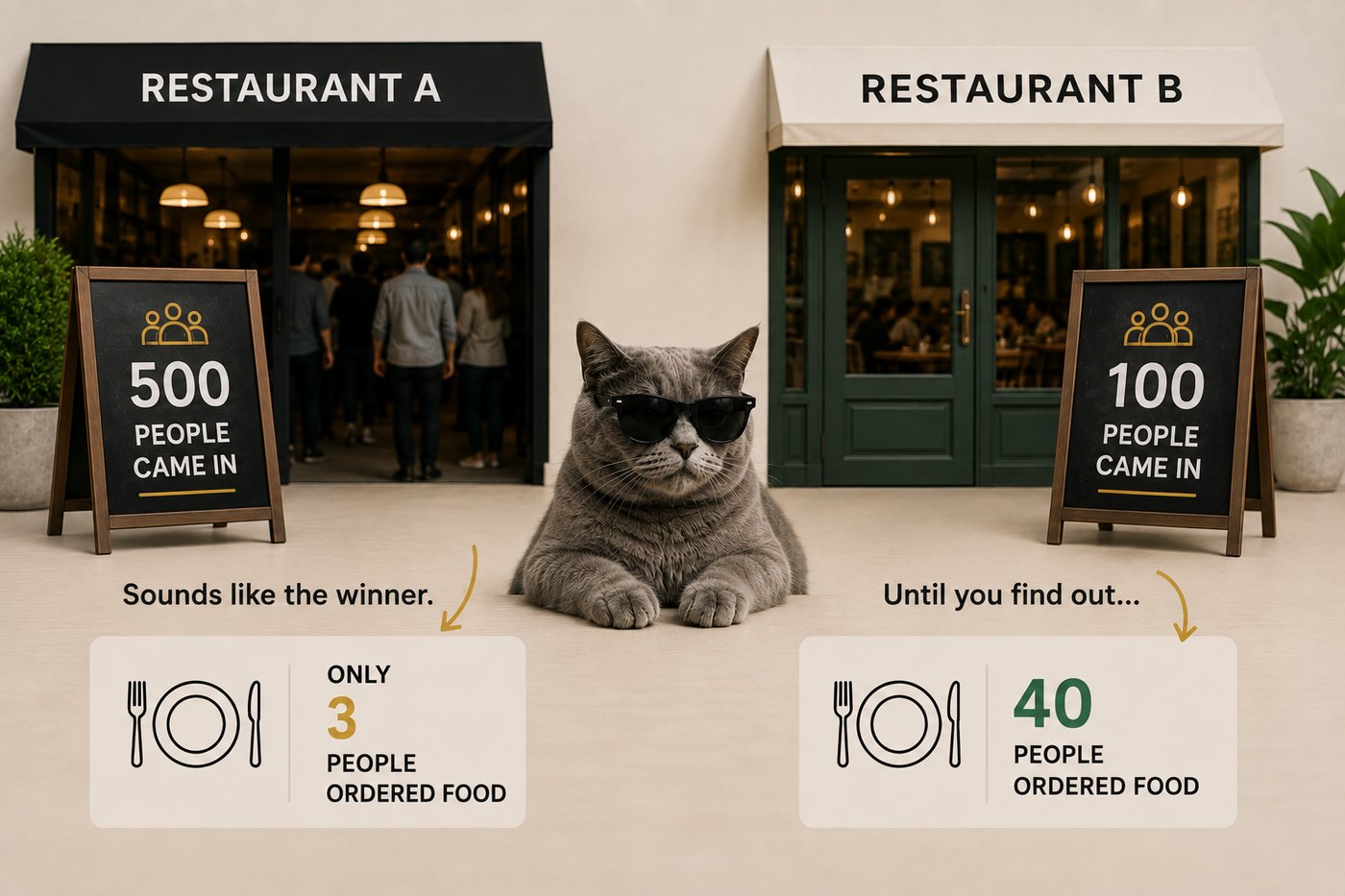 Two restaurants: A drew 500 people but only 3 ordered food; B drew 100 people and 40 ordered.