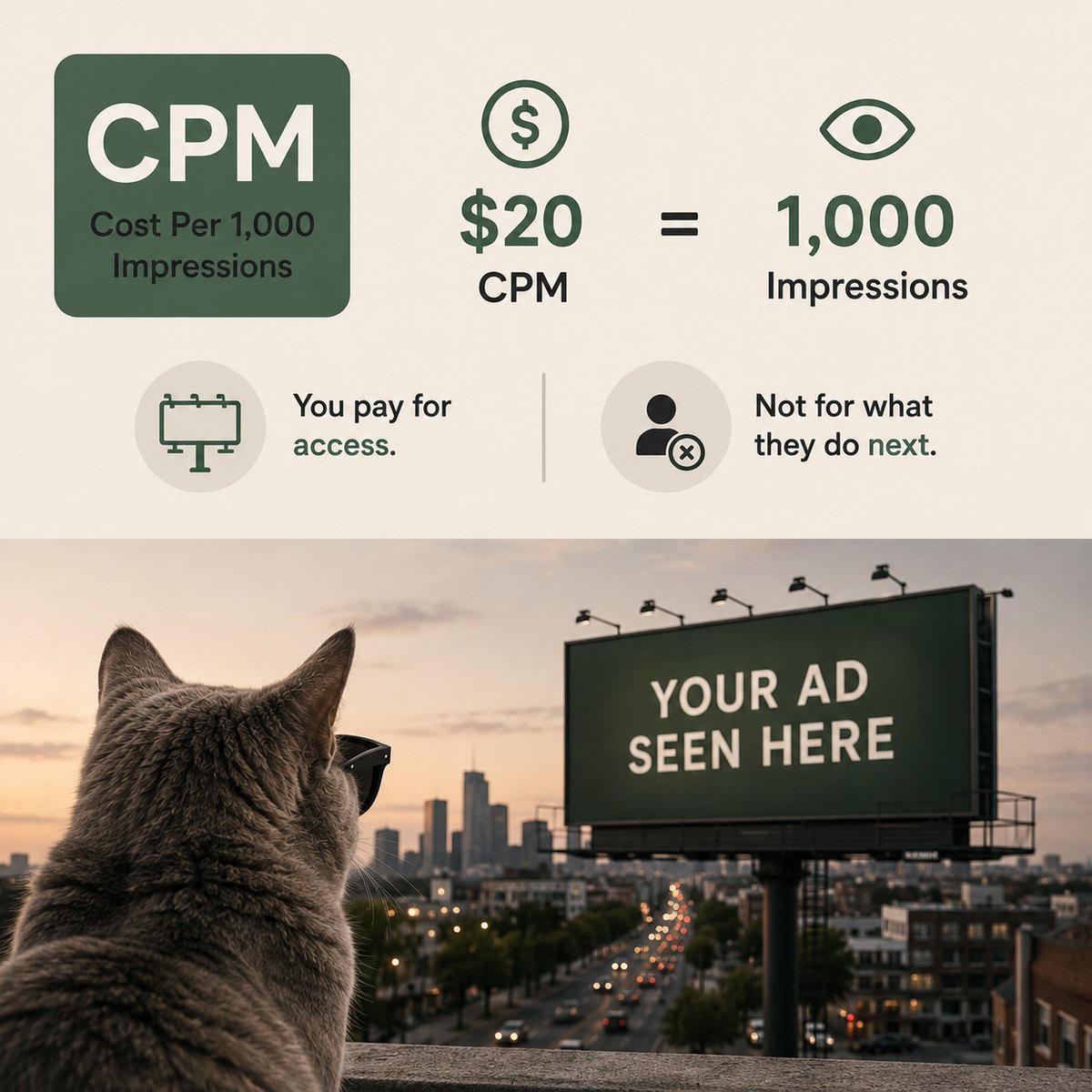 A $20 CPM buys 1,000 impressions, illustrated as renting a billboard — you pay for access to the audience, not for what they do next.