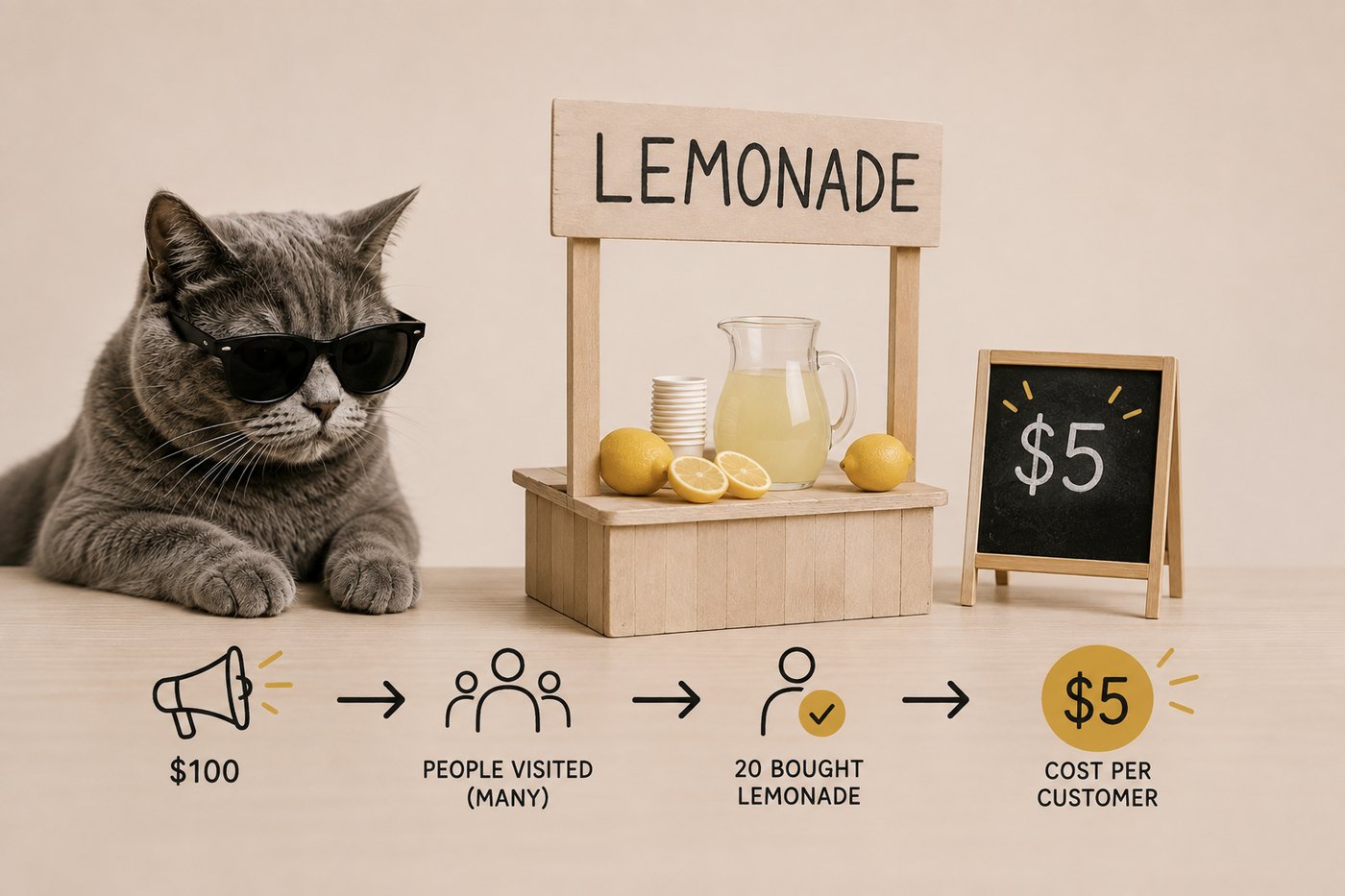 A lemonade stand: $100 spent bringing people by, 20 bought lemonade, $5 per customer.