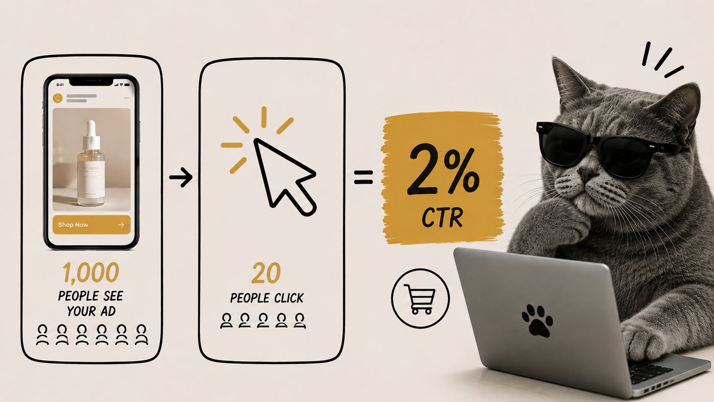1,000 people see the ad, 20 of them click — a 2% click-through rate.