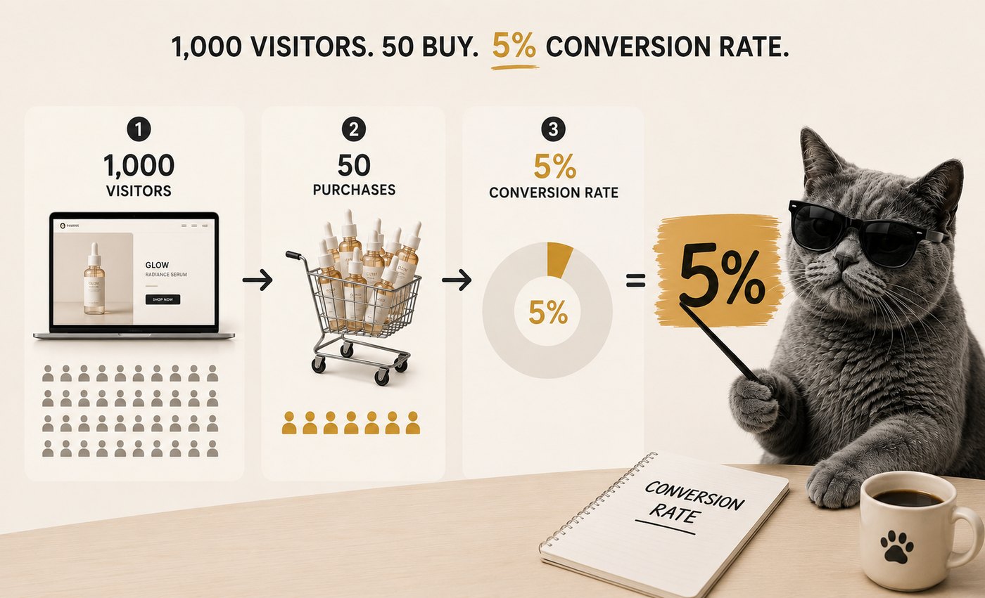 1,000 people visit the site, 50 of them buy — a 5% conversion rate.