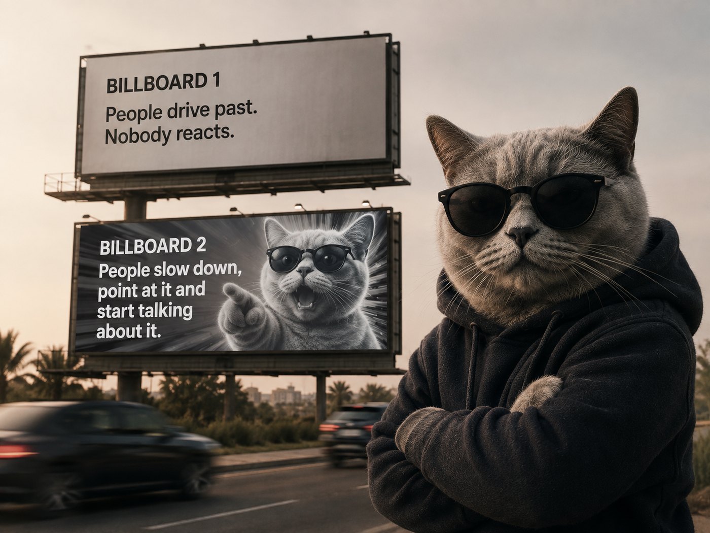 Two billboards: people drive past the first without reacting; the second makes them slow down, point and talk about it.