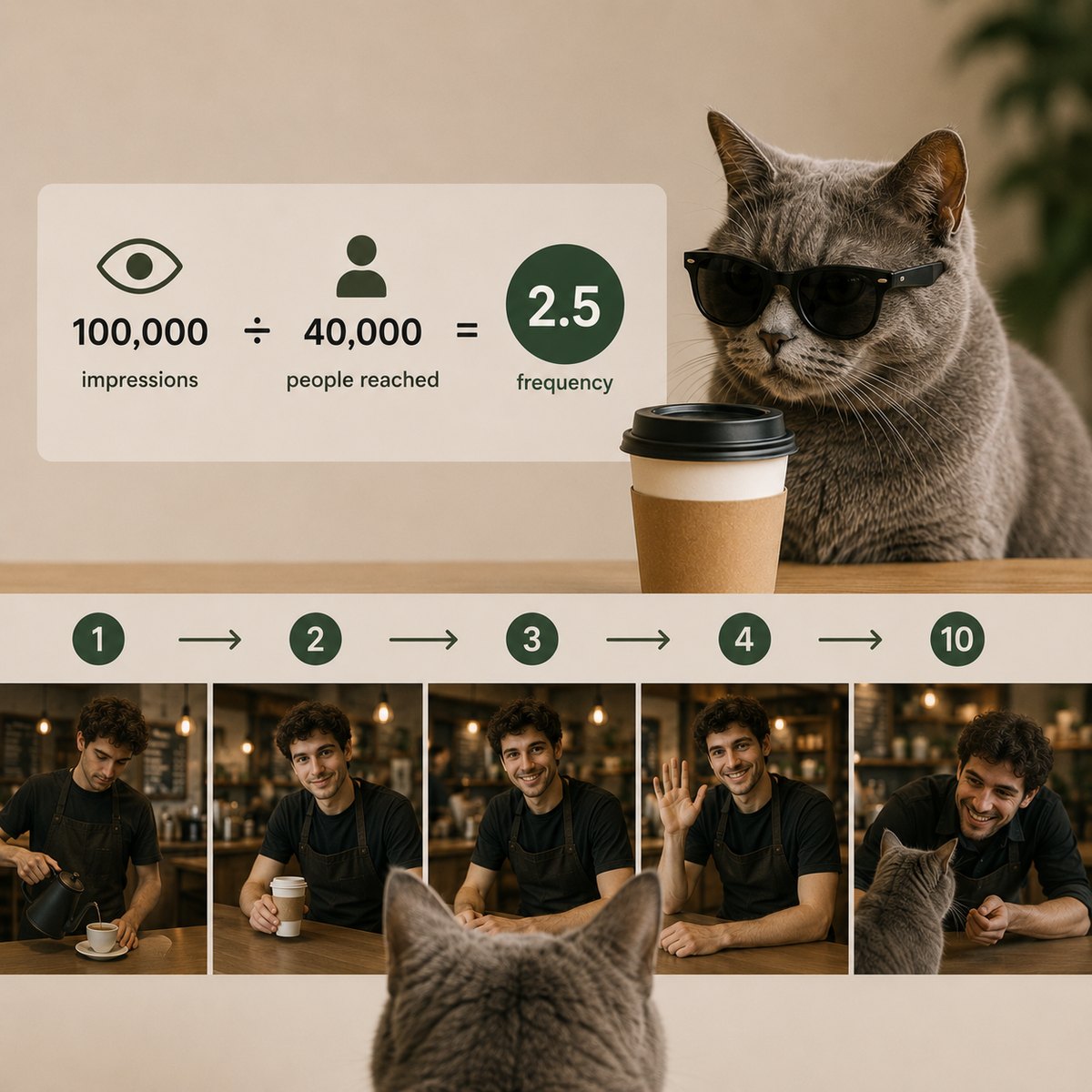 100,000 impressions divided by 40,000 people reached gives a frequency of 2.5, shown as the same barista seen once, twice, three times, then ten.