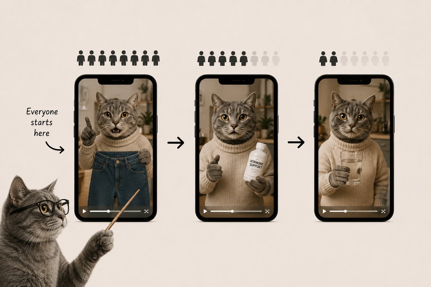 Three phones showing the same video losing viewers over time: everyone starts, fewer remain at three seconds, fewer still by ten seconds.
