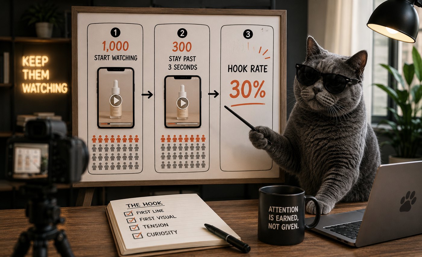 1,000 people start watching, 300 stay past the first three seconds — a 30% hook rate.