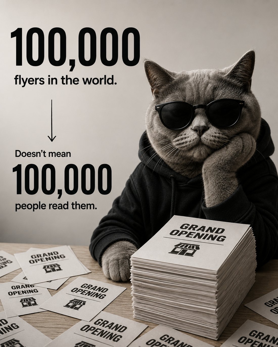 A stack of grand-opening flyers: 100,000 flyers in the world doesn’t mean 100,000 people read them.
