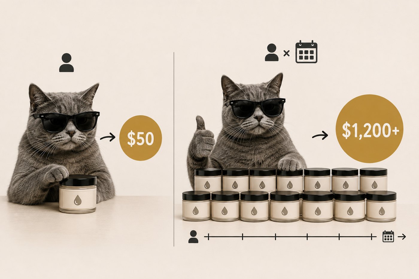 One customer buys a single jar for $50; another reorders every month for two years, worth $1,200 or more.