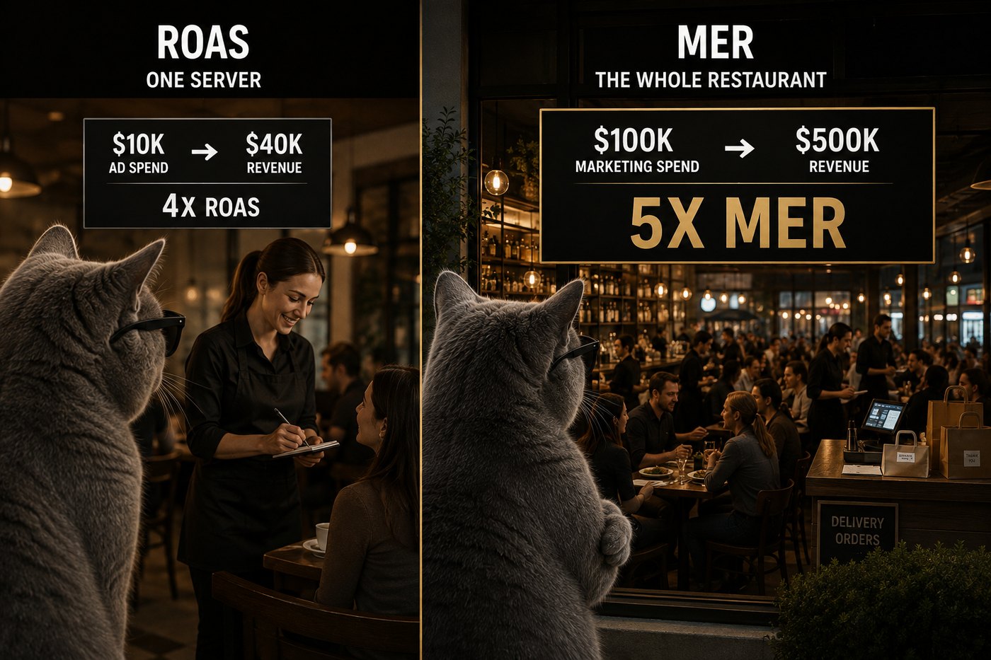 Split view of a restaurant: one server’s $10K spend and $40K revenue against the whole restaurant’s $100K marketing spend and $500K revenue.
