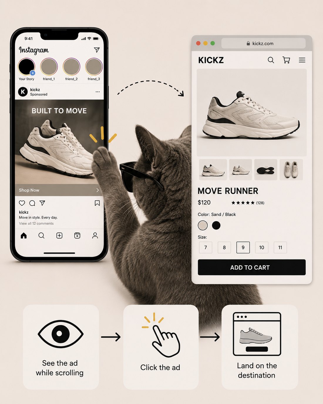 A sneaker ad in an Instagram feed, a tap, and the product page it leads to — see the ad, click the ad, land on the destination.