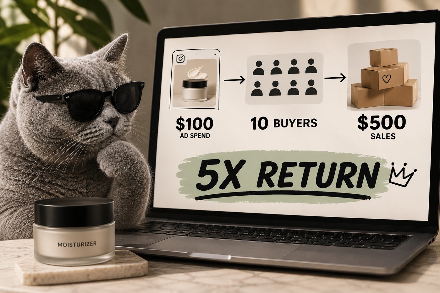 You spend $100 on an Instagram ad, you make $500 in sales — 5x ROAS. For every $1 you spend, you get $5 back.