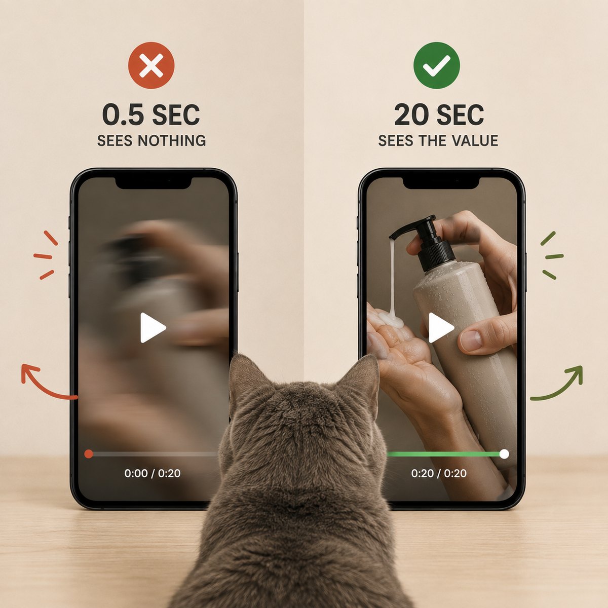 The same 20-second demo: one viewer leaves after half a second and sees nothing, the other watches to the end and sees the product used.