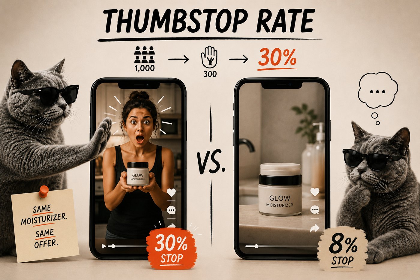 Two phones side by side: a woman holding up oversized jeans makes someone stop; a moisturizer bottle on a counter does not.