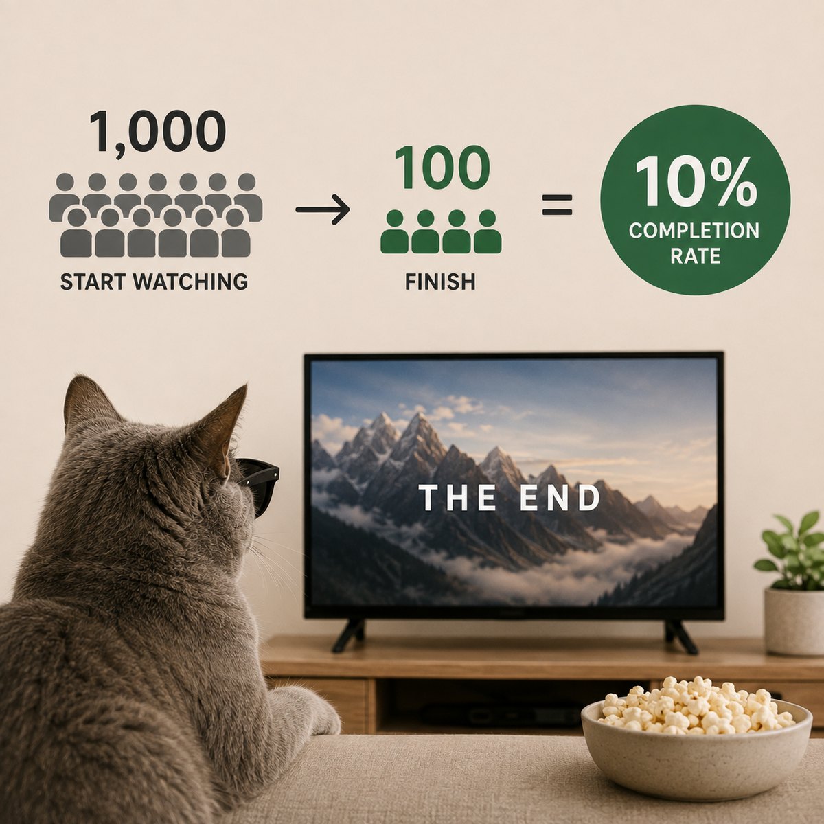 1,000 people start the video and 100 reach the end — a 10% completion rate.